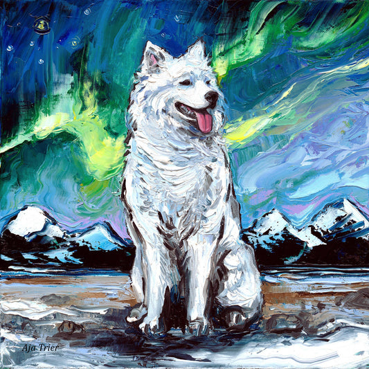 Samoyed dog Art CANVAS print Starry Night Aja choose size big white fluffy dog lover gift pet animal home decor northern lights aurora