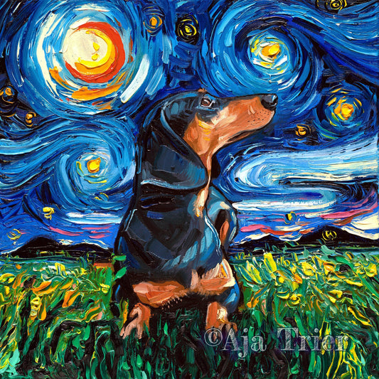 Black and tan Short haired Dachshund Starry Night dog Art CANVAS print by Aja Choose size doxie pet animal wall art home decor picture