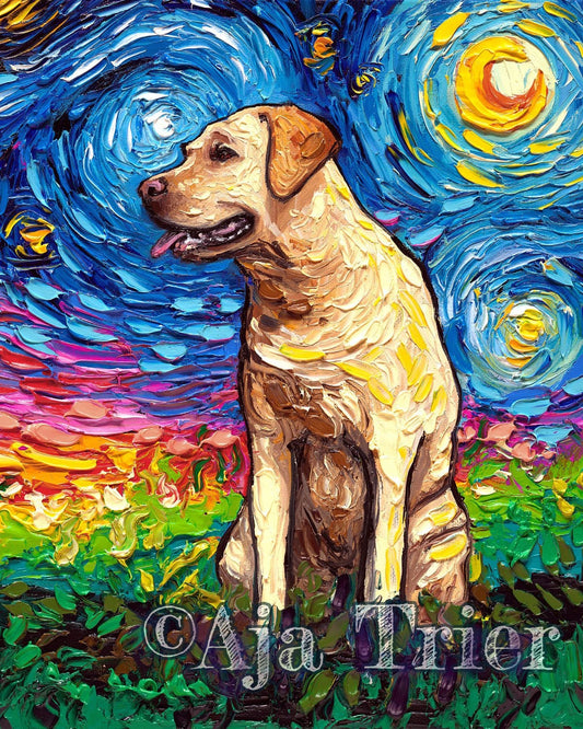 Yellow Labrador Art 8x10 16x20 or 24x30 Starry Night Print dog lover gift cute art by Aja pup pet poster wall art decor picture blonde lab