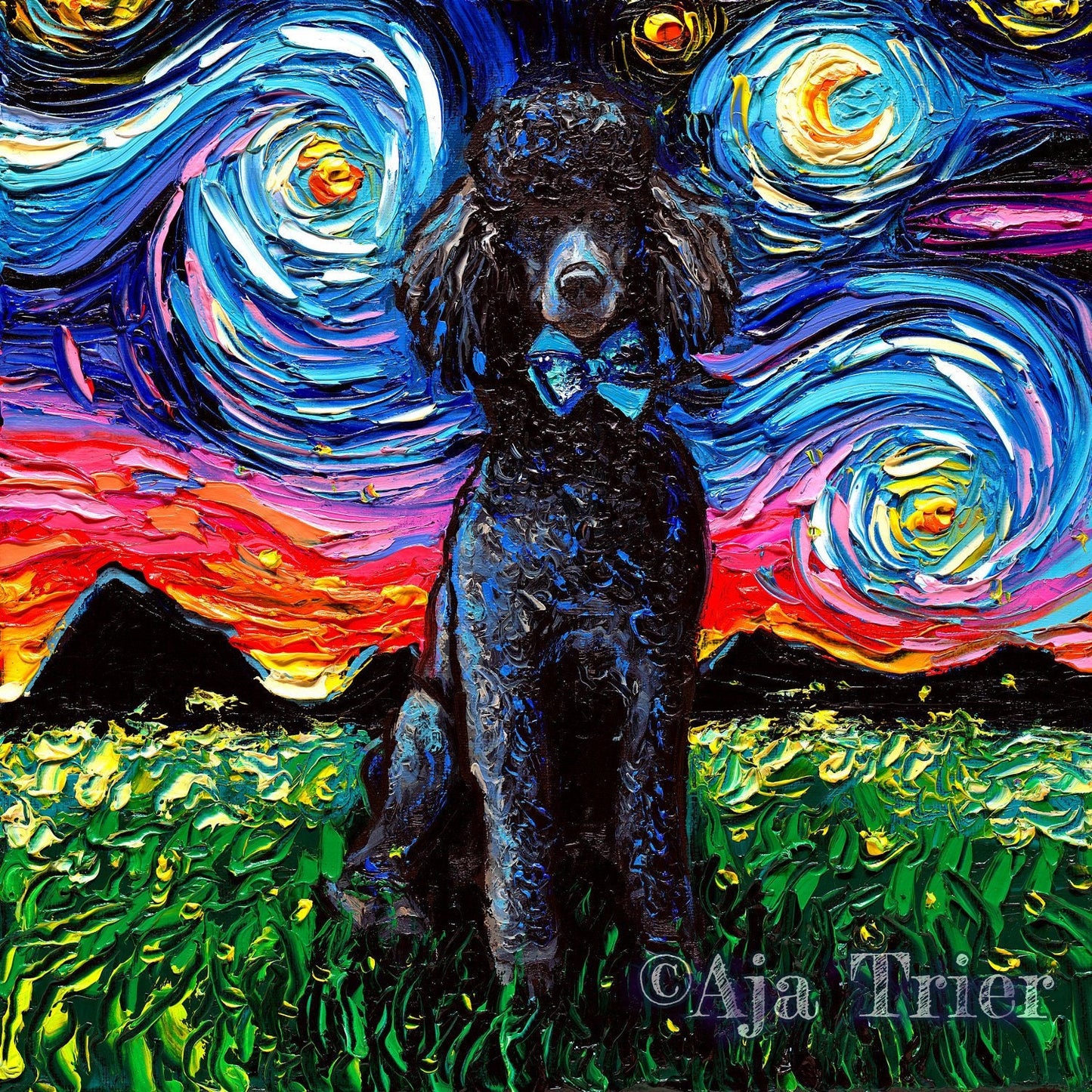 Dog Starry Night Painting Canvas Print | Black Standard Poodle | Dog Lover Gift | Canvas Gallery Wall Art | Impressionist Home Decor