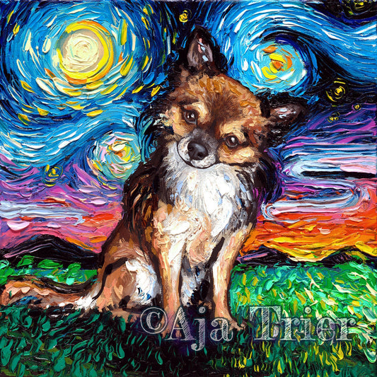 Long Haired Chihuahua Starry Night Art Print dog lover gift cute art by Aja pup puppy choose size and type of paper