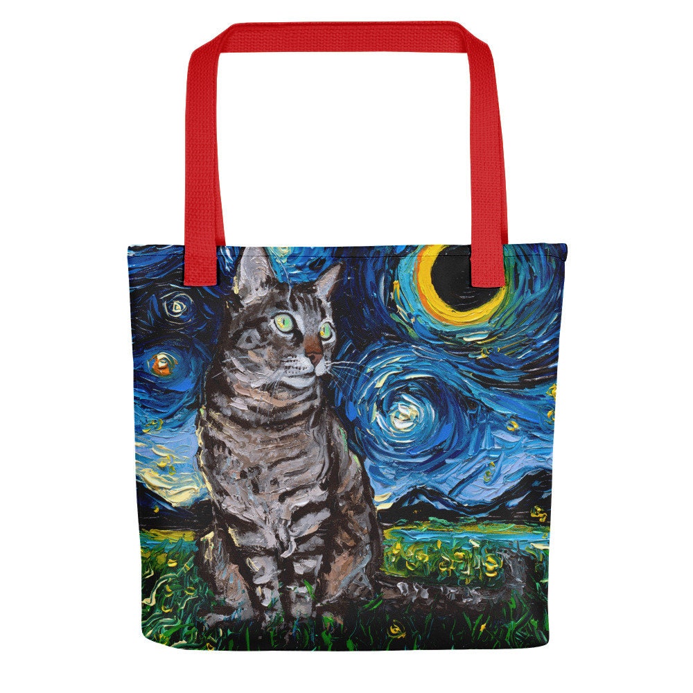Tabby Night Cat Starry Night Tote bag handbag artwork by Aja gray kitty gym bag handbag purse