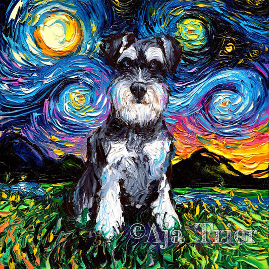 Schnauzer Art Starry Night Art Print dog picture by Aja choose size and type of paper  Photo Paper or Watercolor Paper artwork home decor