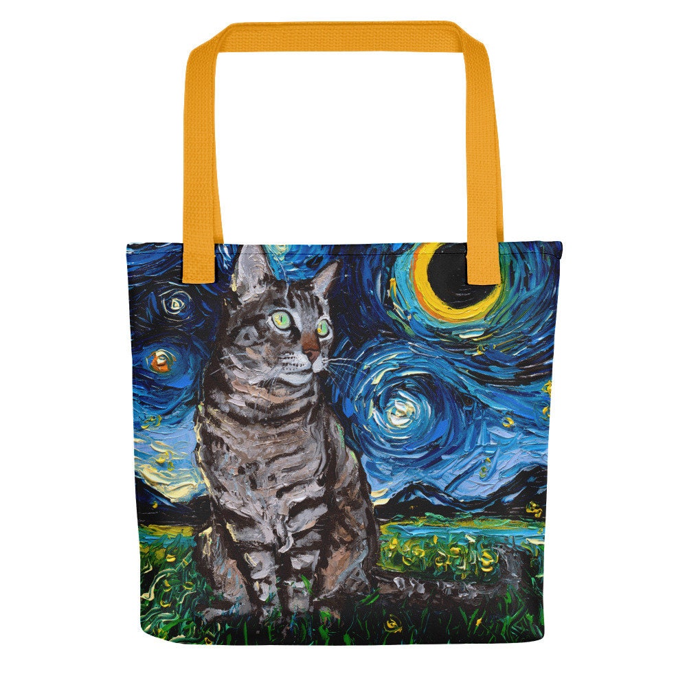 Tabby Night Cat Starry Night Tote bag handbag artwork by Aja gray kitty gym bag handbag purse