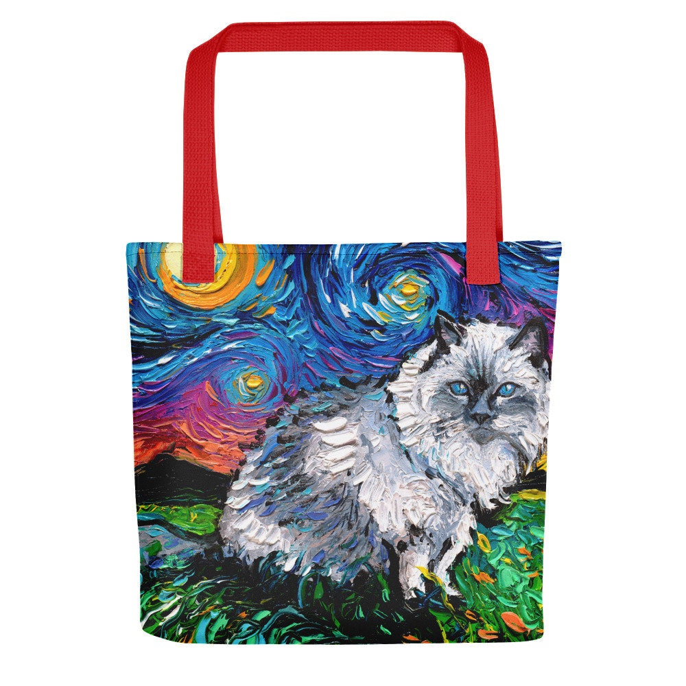 Ragdoll Cat Starry Night Tote bag handbag artwork by Aja fluffy white kitty overnight bag purse handbag