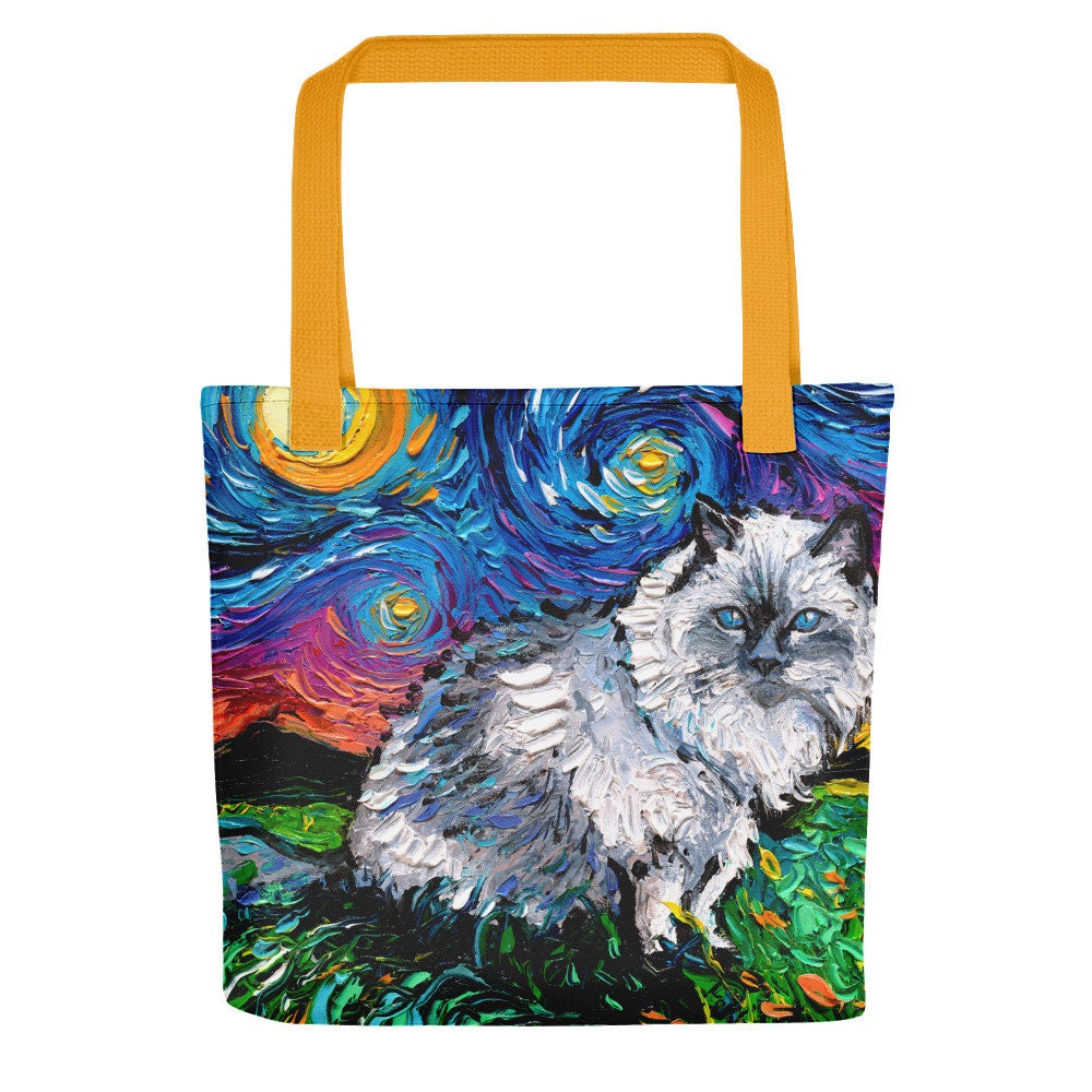Ragdoll Cat Starry Night Tote bag handbag artwork by Aja fluffy white kitty overnight bag purse handbag