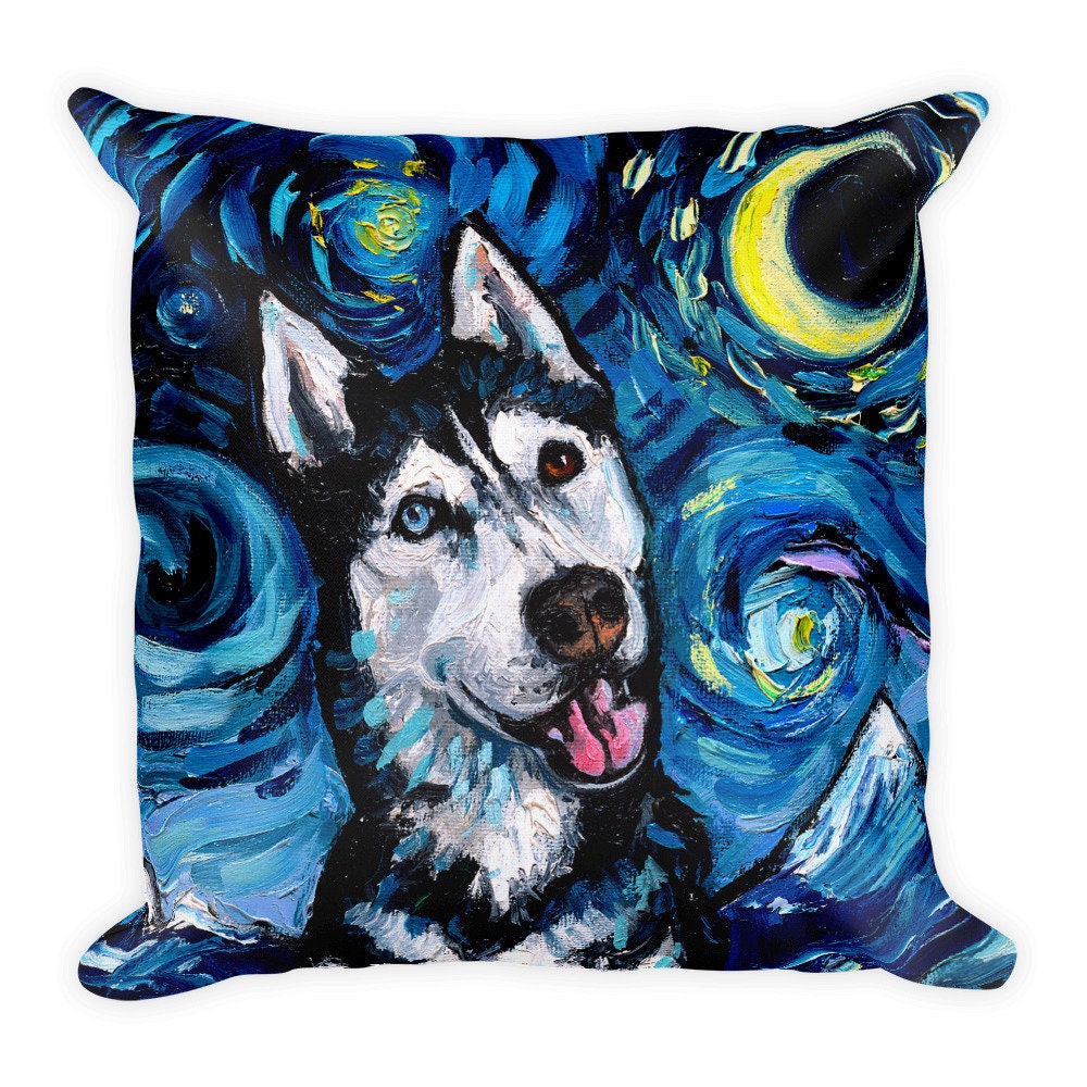 Happy Siberian Husky Dog Lover Starry Night Basic Throw Pillow Toller Art by Aja 18x18 inch case 16x16 inches stuffed