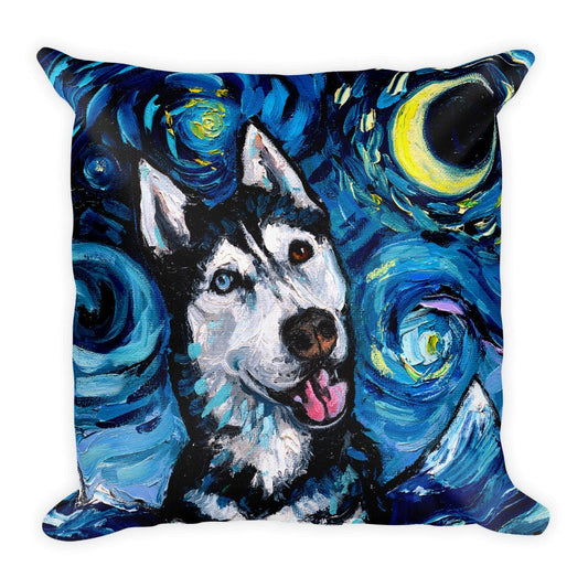 Happy Siberian Husky Dog Lover Starry Night Basic Throw Pillow Toller Art by Aja 18x18 inch case 16x16 inches stuffed
