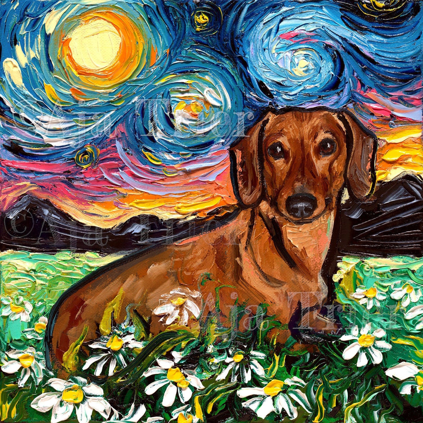 Brown Dachshund with Flowers Starry Night dog Art CANVAS print by Aja choose size canine cute pup
