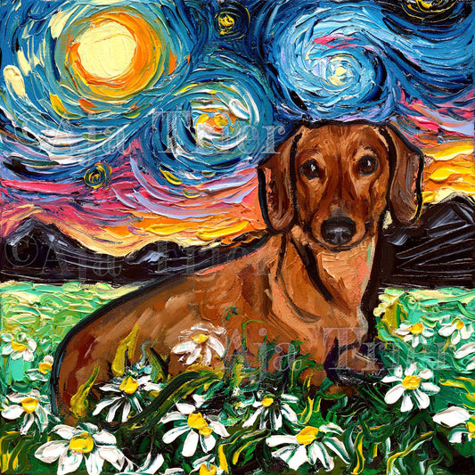 Brown Dachshund with Flowers Starry Night dog Art CANVAS print by Aja choose size canine cute pup