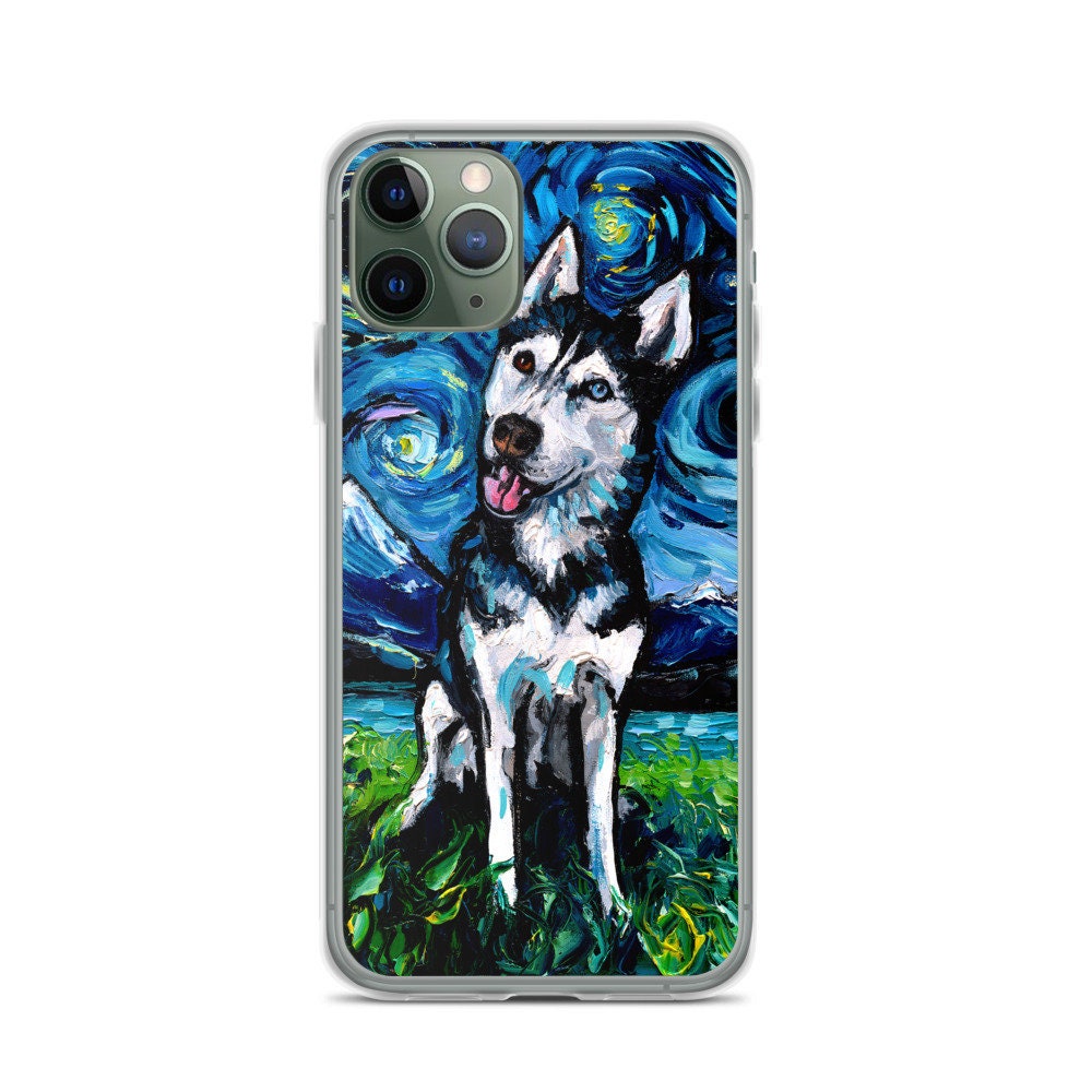 Happy Siberian Husky Night iPhone Case Dog lover phone protector art by Aja