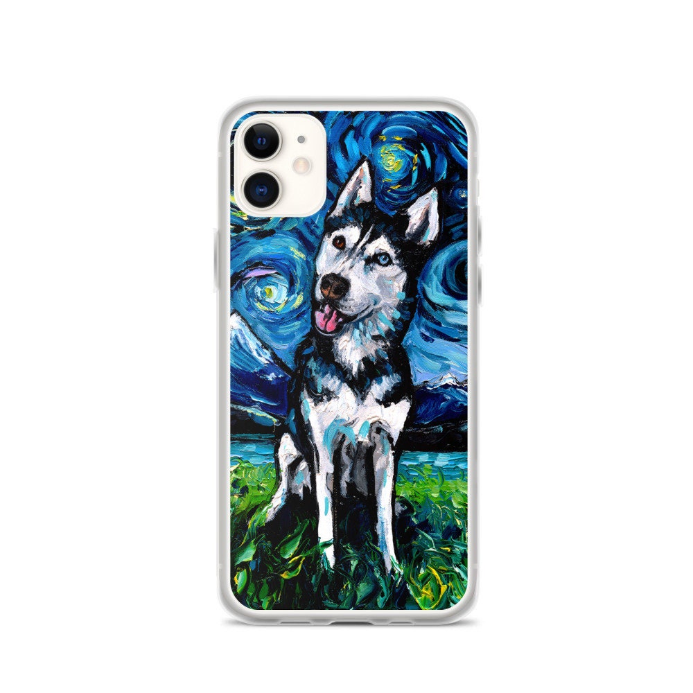 Happy Siberian Husky Night iPhone Case Dog lover phone protector art by Aja