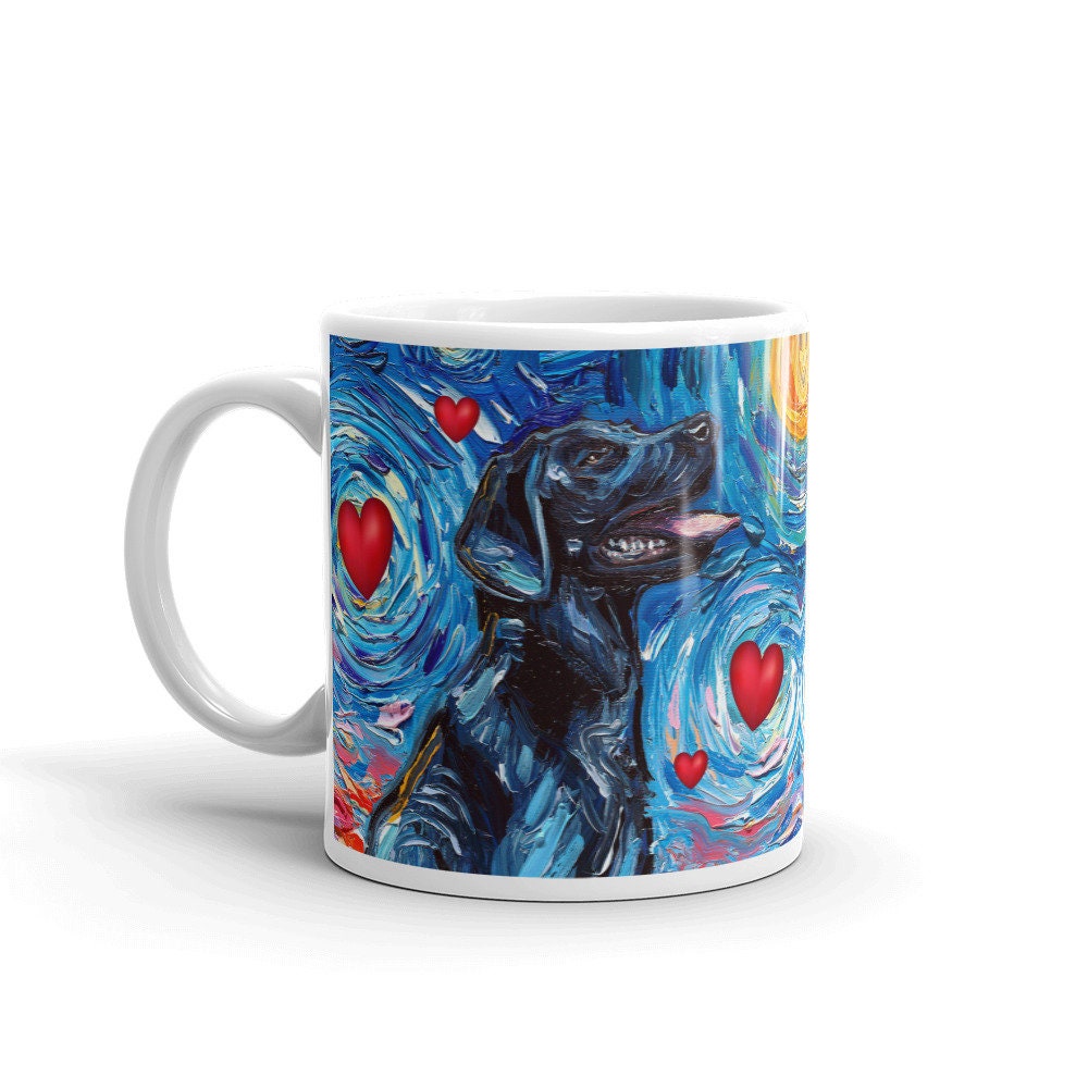 Black Labrador Valentine Starry Night Coffee Mug Dog Lover Art by Aja ceramic cup Black Lab Valentine's Day gift