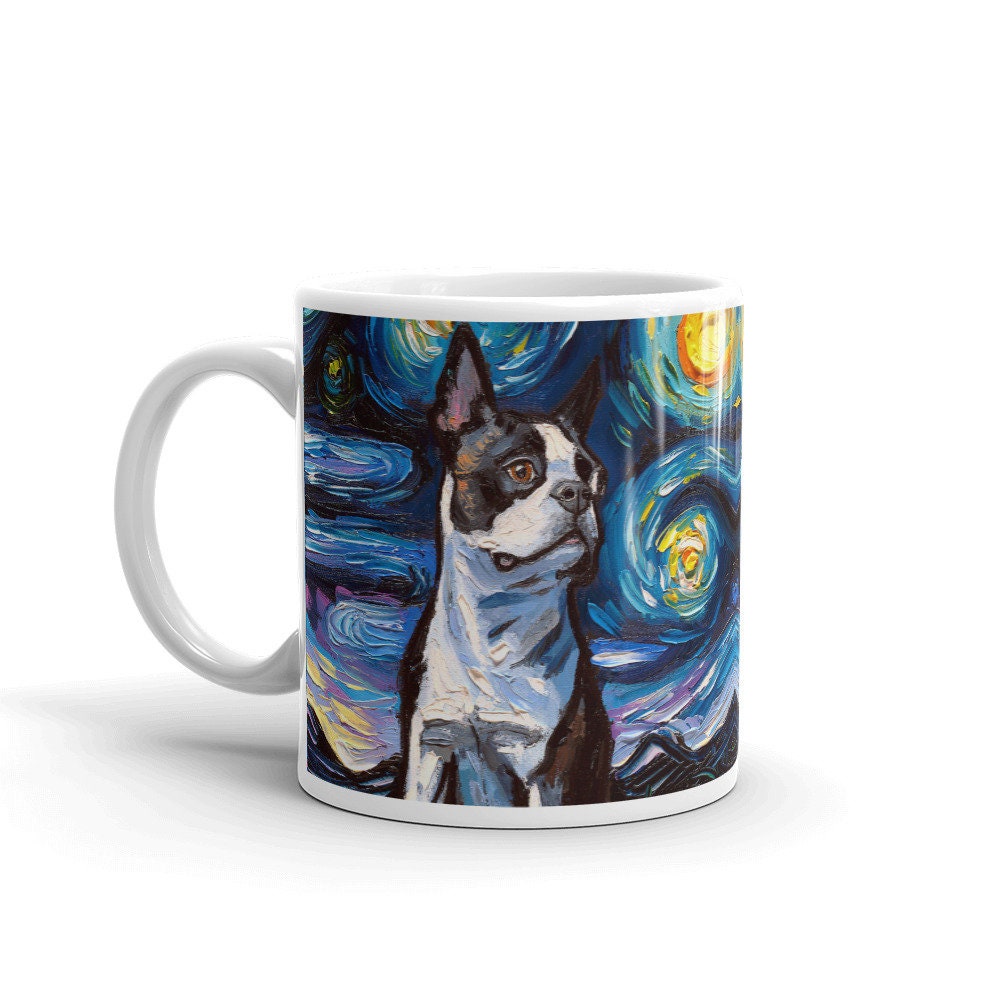 Boston Terrier Portrait Coffee Mug Dog Lover Starry Night Art by Aja ceramic cup cute black and white dog drinkware