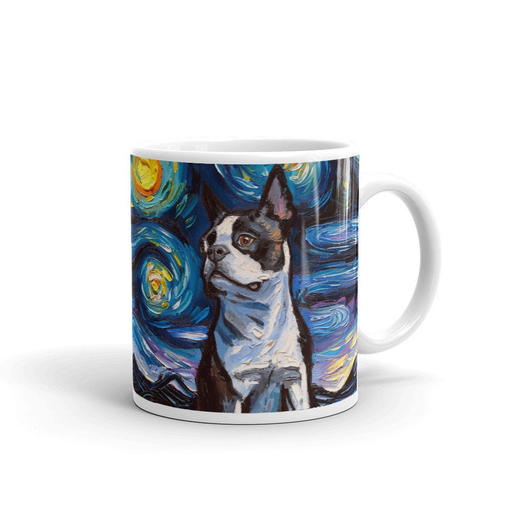 Boston Terrier Portrait Coffee Mug Dog Lover Starry Night Art by Aja ceramic cup cute black and white dog drinkware
