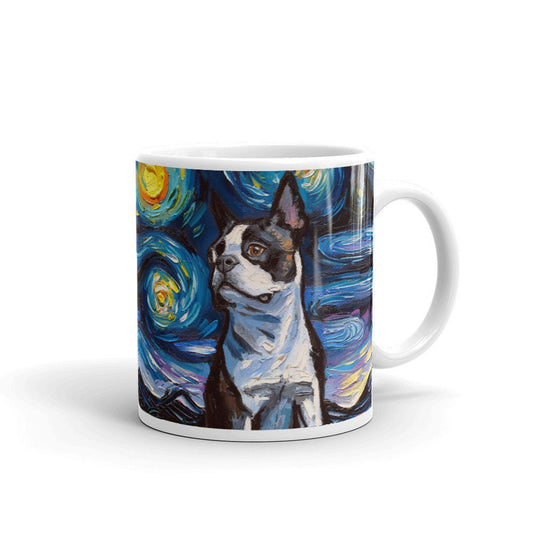 Boston Terrier Portrait Coffee Mug Dog Lover Starry Night Art by Aja ceramic cup cute black and white dog drinkware