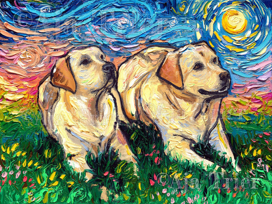 2 Yellow Labradors Rectangular Art Starry Night Art Print dog cute art by Aja choose size type of paper