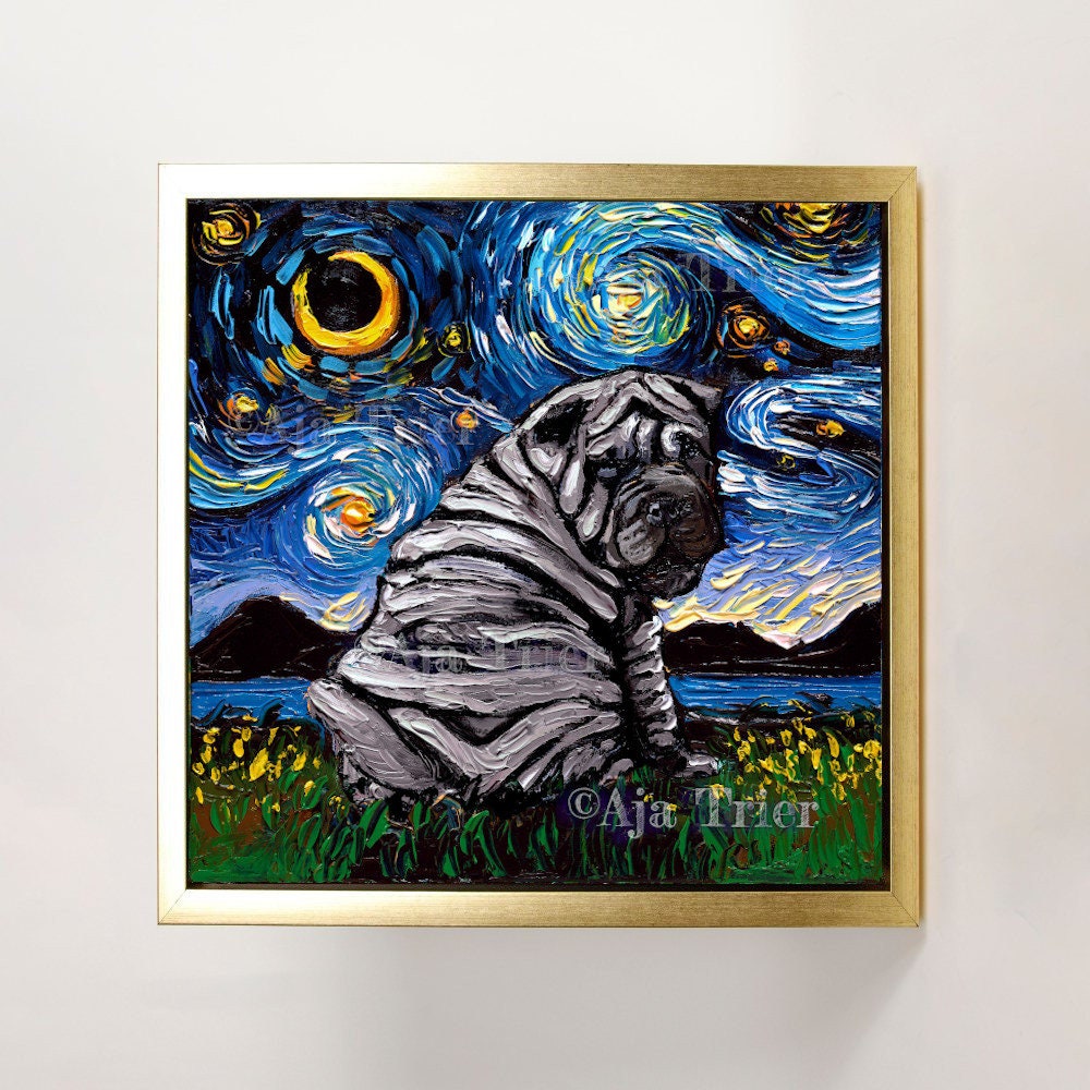 Blue Shar Pei Puppy Dog Art FRAMED CANVAS print Starry Night artwork Aja 8x8 10x10 12x12 16x16 20x20 24x24, 30x30 choose size