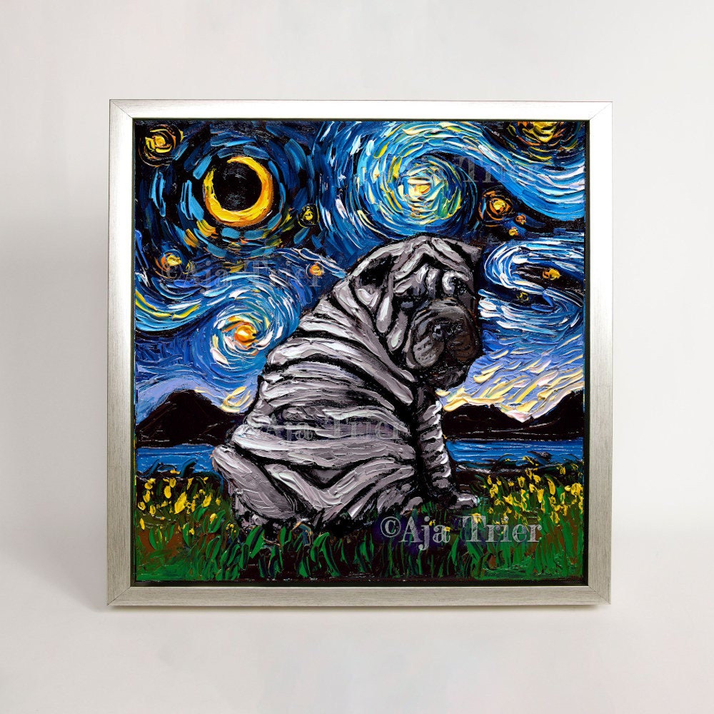 Blue Shar Pei Puppy Dog Art FRAMED CANVAS print Starry Night artwork Aja 8x8 10x10 12x12 16x16 20x20 24x24, 30x30 choose size