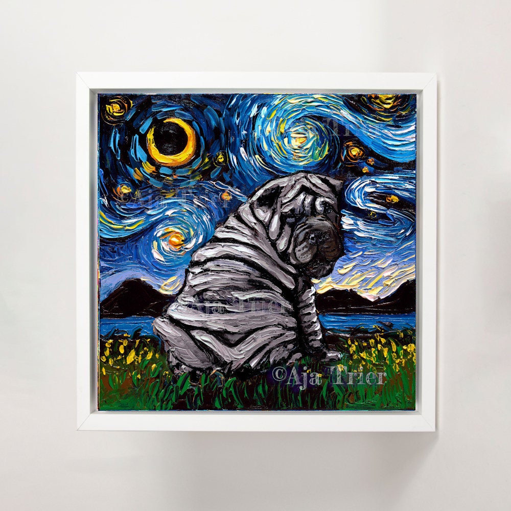 Blue Shar Pei Puppy Dog Art FRAMED CANVAS print Starry Night artwork Aja 8x8 10x10 12x12 16x16 20x20 24x24, 30x30 choose size