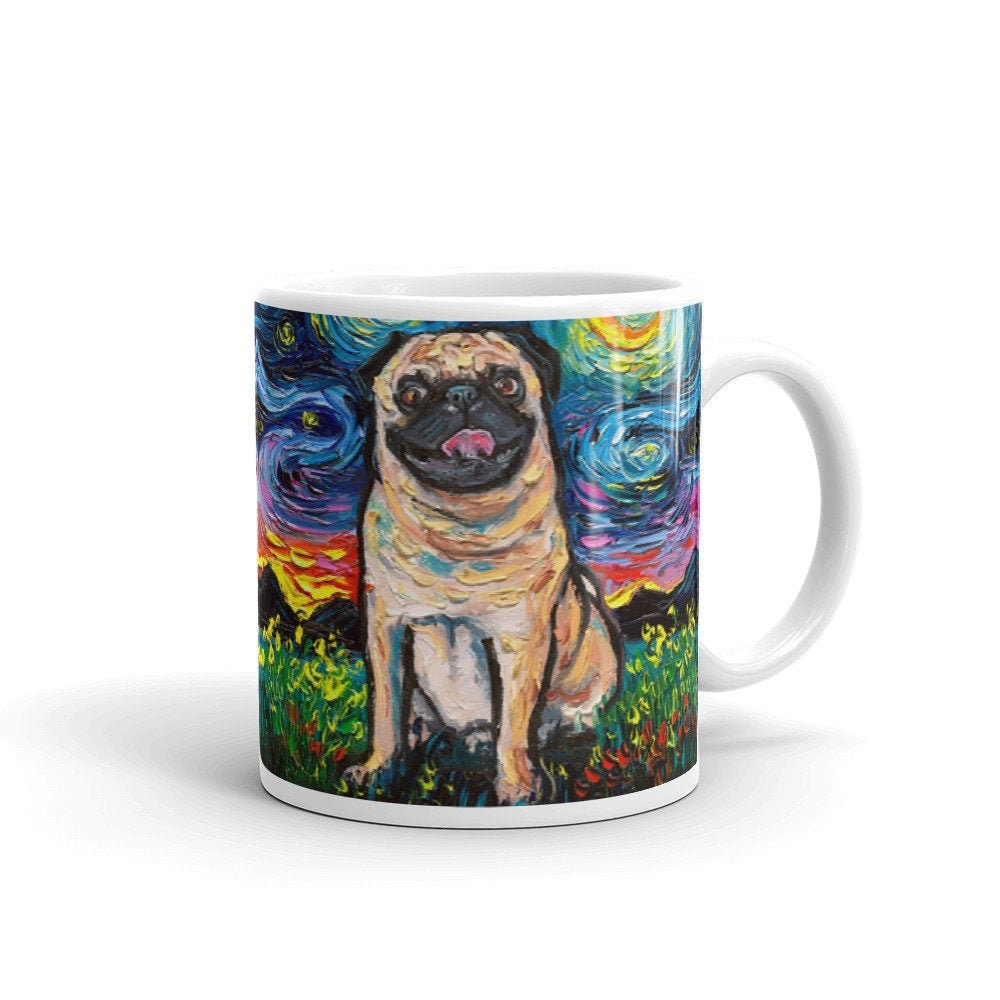 Fawn Pug Night Coffee Mug Dog Lover Starry Night Art by Aja ceramic cup Microwave / dishwasher safe