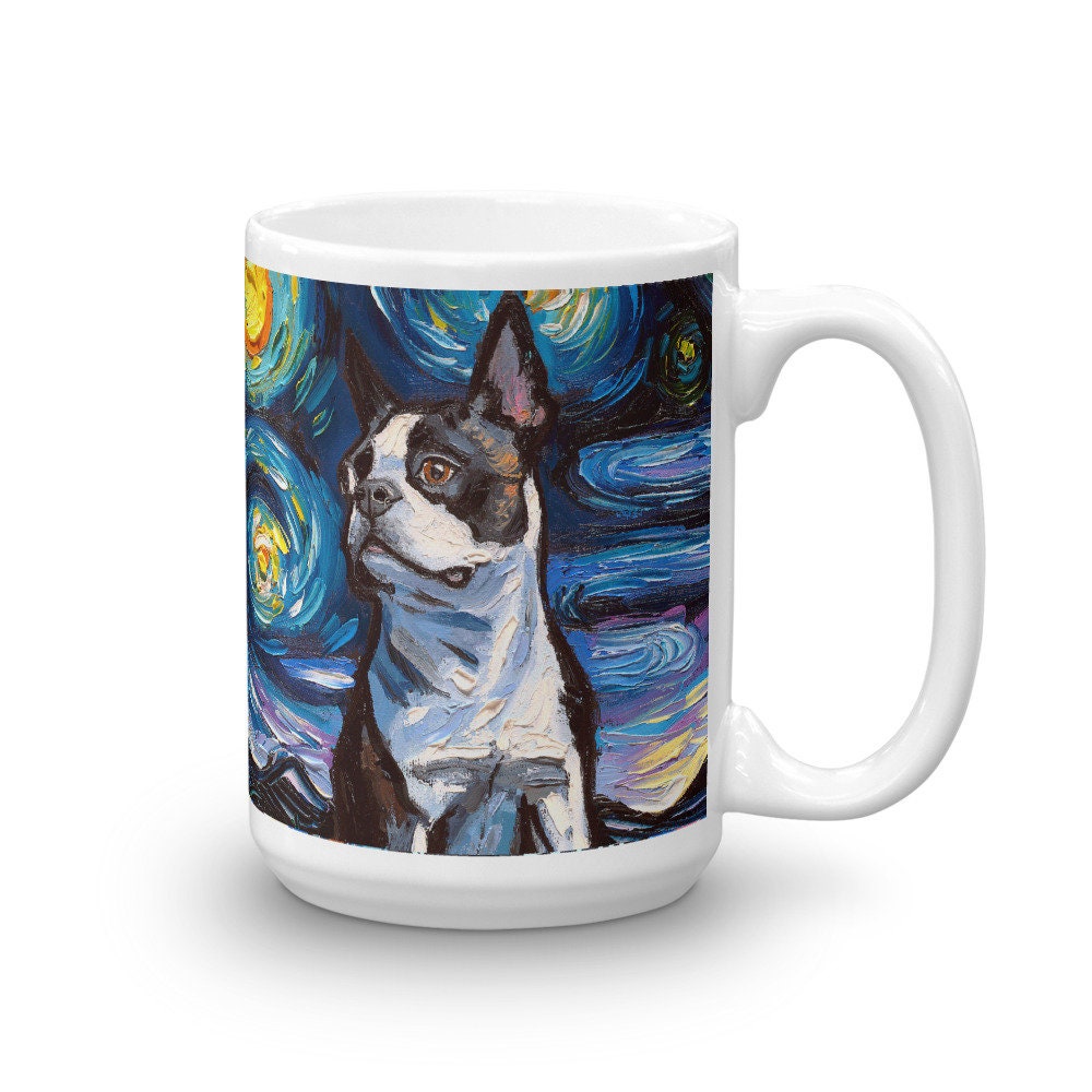 Boston Terrier Portrait Coffee Mug Dog Lover Starry Night Art by Aja ceramic cup cute black and white dog drinkware