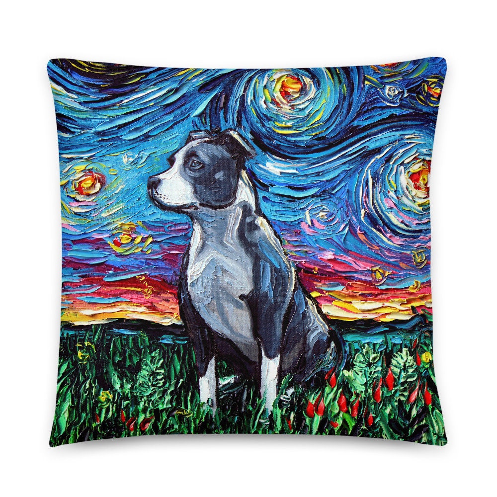 Pitbull Dog Lover Starry Night Basic Throw Pillow Art by Aja 16x16 or 20x20 inches stuffed