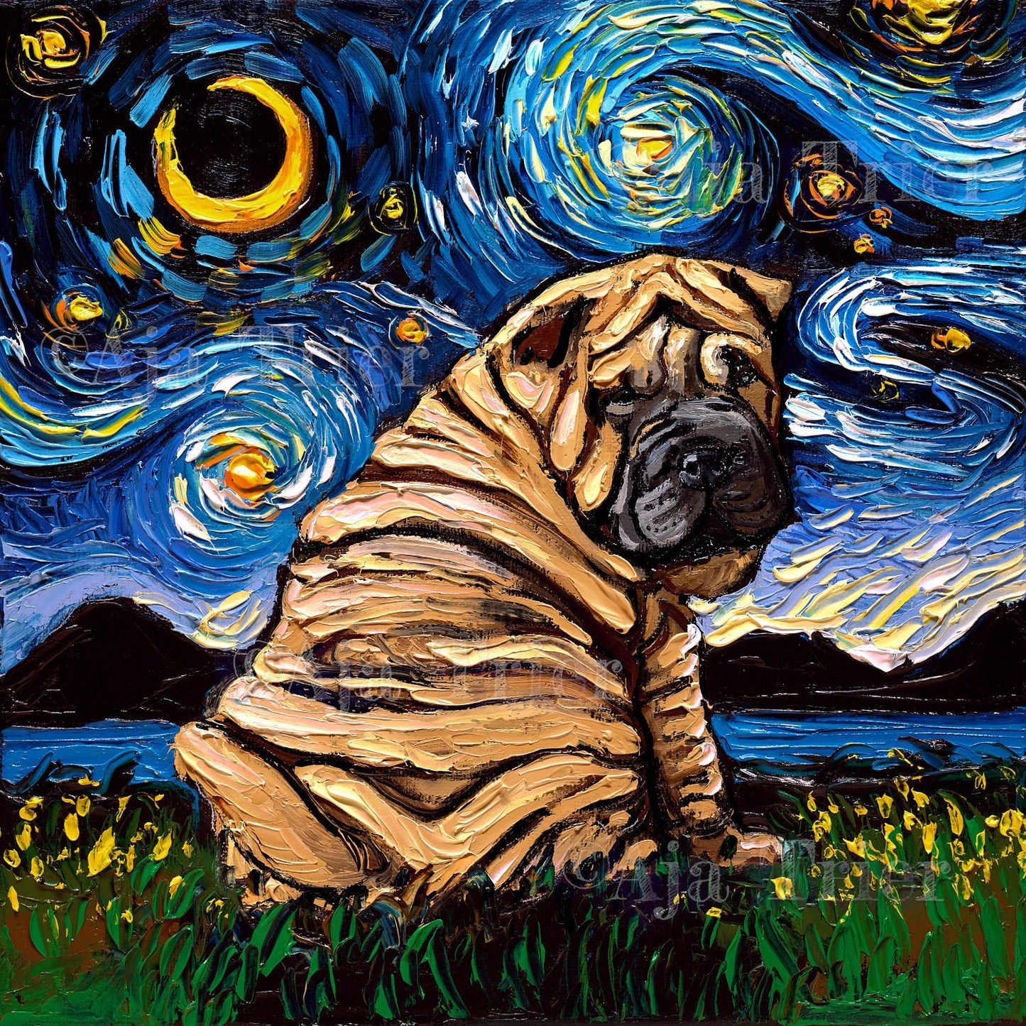 SharPei Puppy Art Starry Night Art Print dog picture by Aja choose size or Photo Paper Watercolor Paper