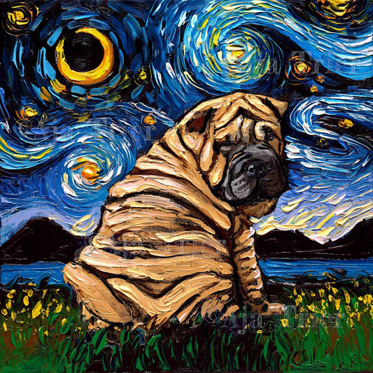 SharPei Puppy Art Starry Night Art Print dog picture by Aja choose size or Photo Paper Watercolor Paper