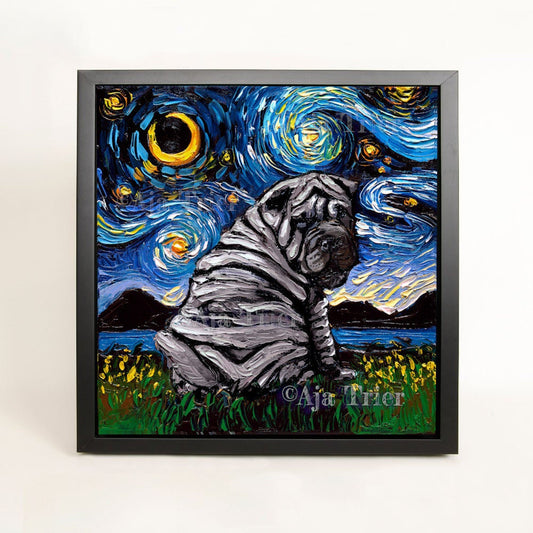 Blue Shar Pei Puppy Dog Art FRAMED CANVAS print Starry Night artwork Aja 8x8 10x10 12x12 16x16 20x20 24x24, 30x30 choose size