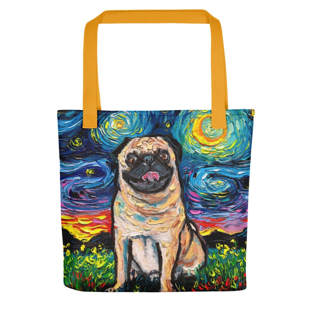 Fawn Pug Dog Starry Night Tote bag handbag artwork by Aja dog lover gift 15x15 inches printed both sides