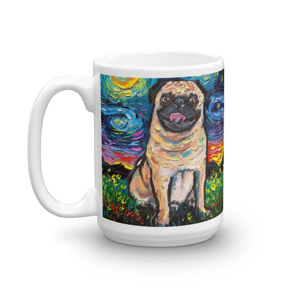 Fawn Pug Night Coffee Mug Dog Lover Starry Night Art by Aja ceramic cup Microwave / dishwasher safe