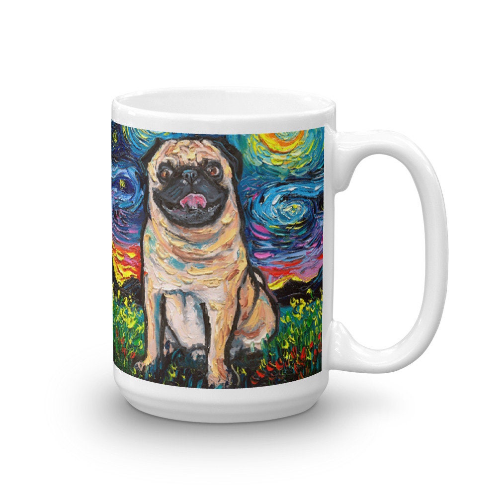 Fawn Pug Night Coffee Mug Dog Lover Starry Night Art by Aja ceramic cup Microwave / dishwasher safe