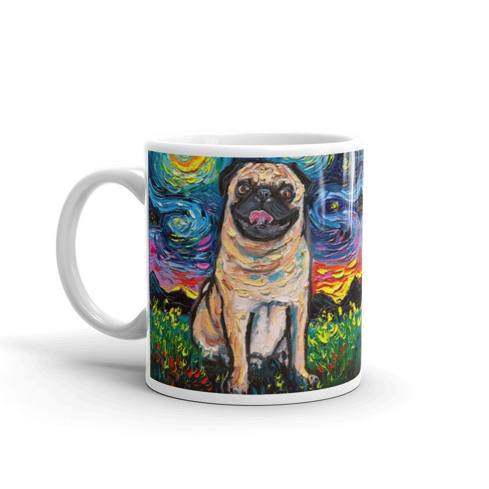 Fawn Pug Night Coffee Mug Dog Lover Starry Night Art by Aja ceramic cup Microwave / dishwasher safe