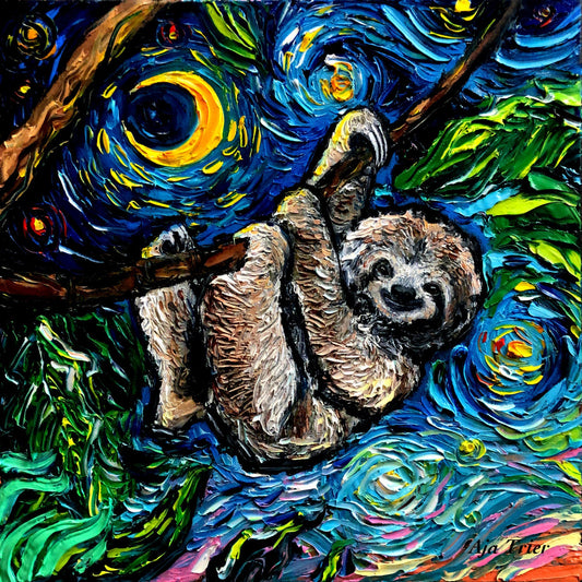 Cute 3 Toed Sloth Art Starry Night Art Print picture by Aja choose size and type of paper Photo Paper Watercolor Paper artwork home decor