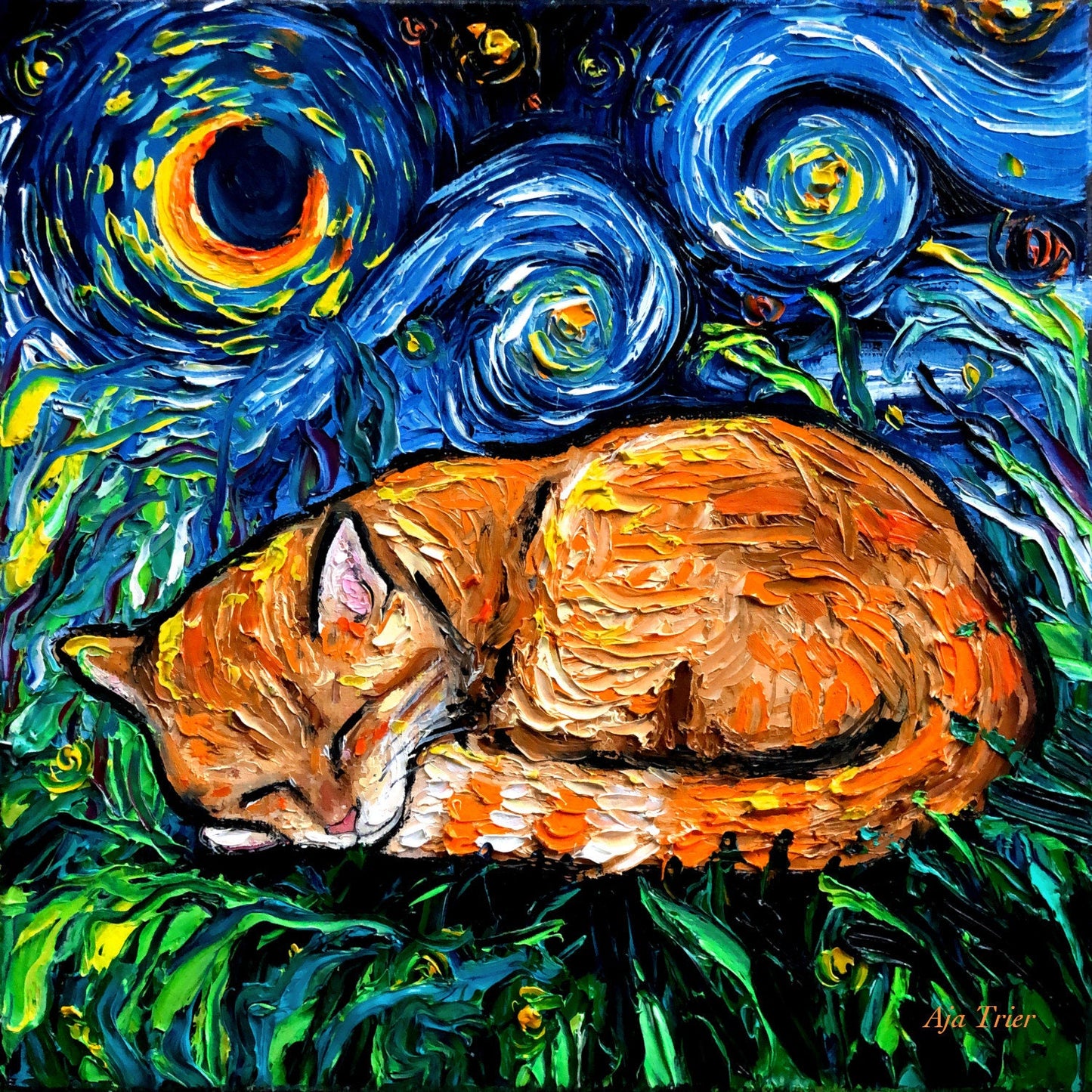 Cat Starry Night Painting Print Orange Tabby Cat Lover Gift Starry Cat Print Gallery Wall Art Impressionist Cat Home Decor Pet Art by Aja