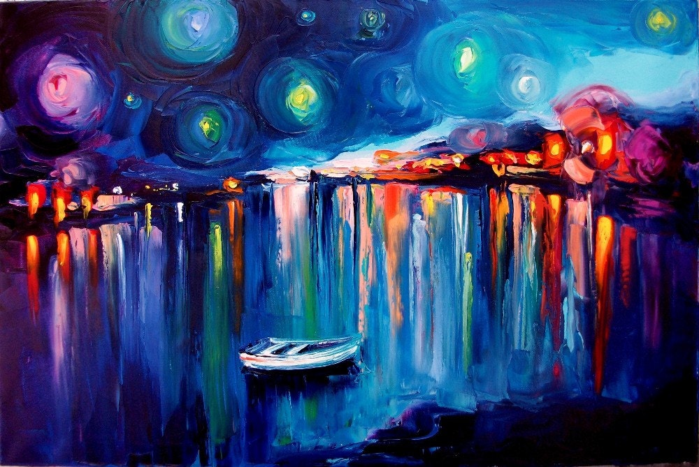 Midnight Harbor XXII an abstract landscape with boats on stretched canvas print by Aja 24x36 inches