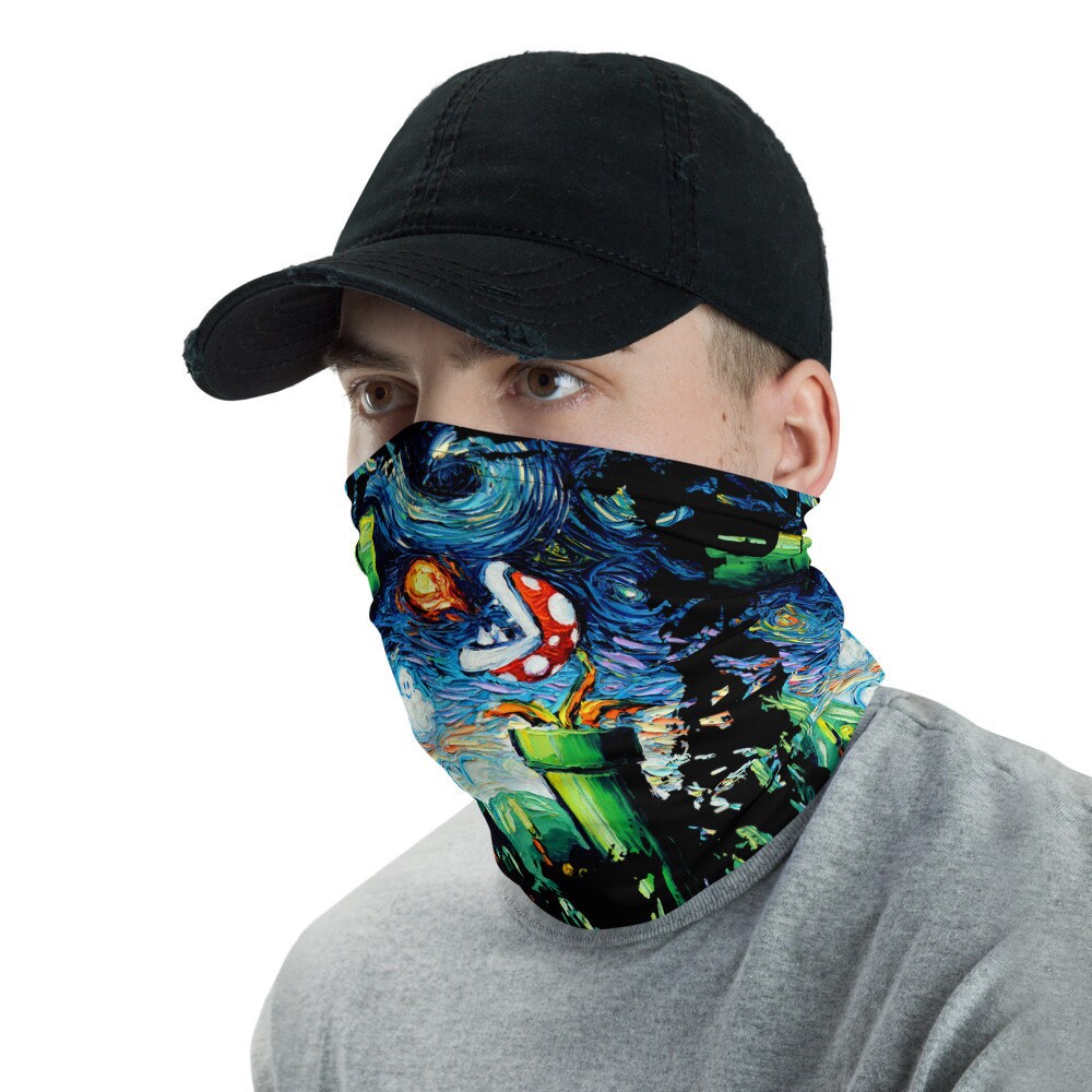 Starry Night Piranha Plant Fireball Retro Video Game Face Mask Gamer Gaming Face Shield Washable Reusable Neck Gaiter Art by Aja