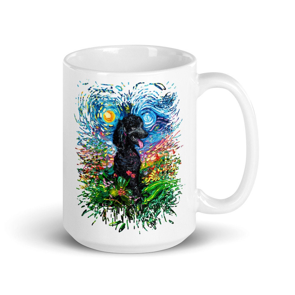 Black Standard Poodle and Flowers Starry Night Coffee Mug Dog Lover Art by Aja ceramic cup
