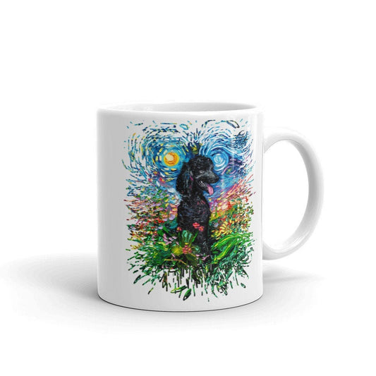 Black Standard Poodle and Flowers Starry Night Coffee Mug Dog Lover Art by Aja ceramic cup