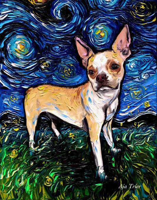 Fawn Boston Terrier Art  Starry Night print by Aja choose size and type of paper Photo Paper Watercolor or Paper artwork home decor