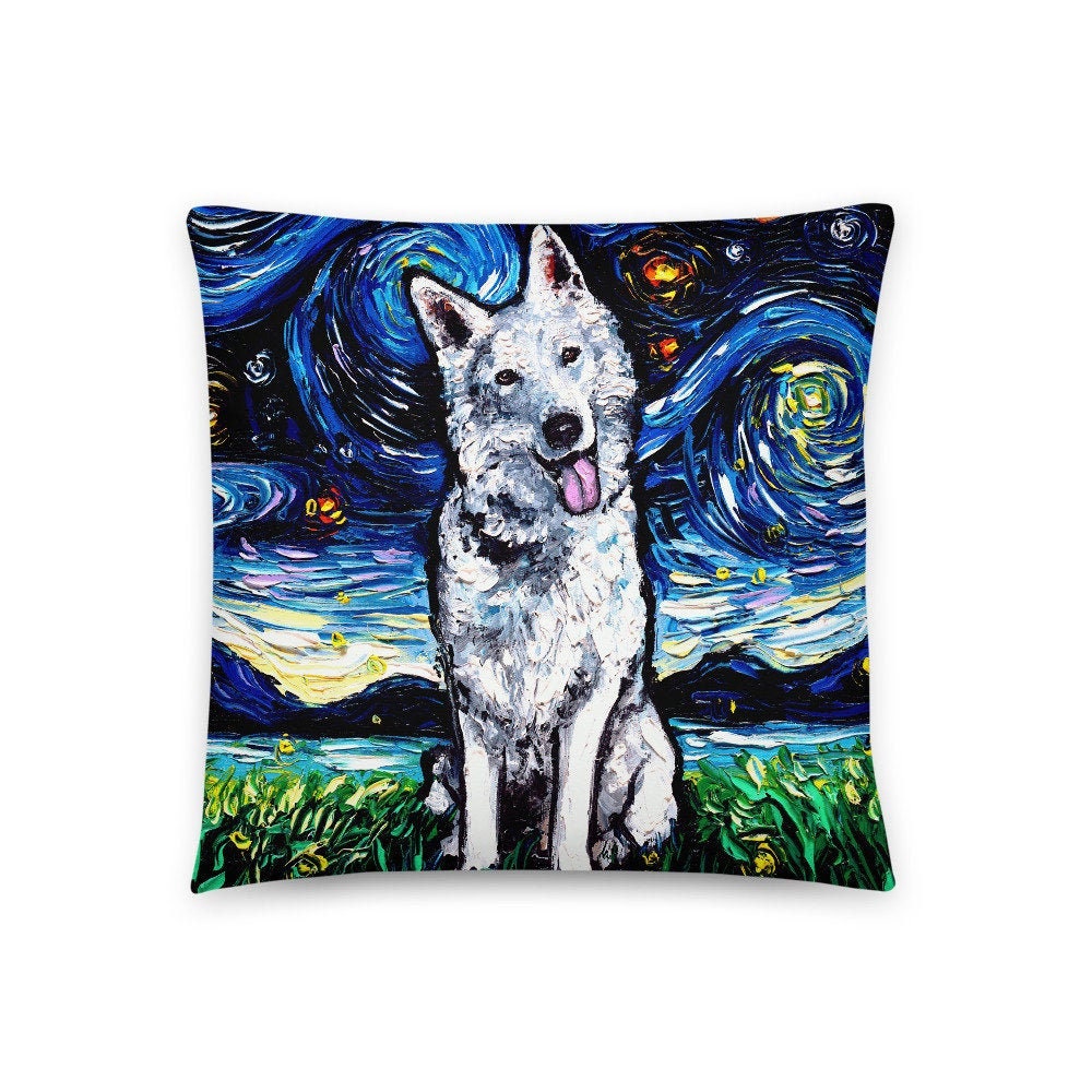 White German Shepherd Dog Lover Swiss Shepherd dog Starry Night Basic stuffed Throw Pillow Art by Aja 16x16 or 20x20 inches stuffed
