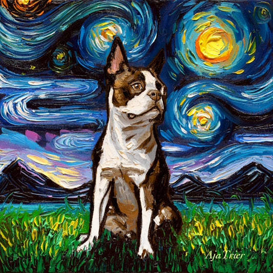 Brown and white Boston Terrier Portrait Art Starry Night Art Print dog picture by Aja choose size Photo Paper Watercolor Paper