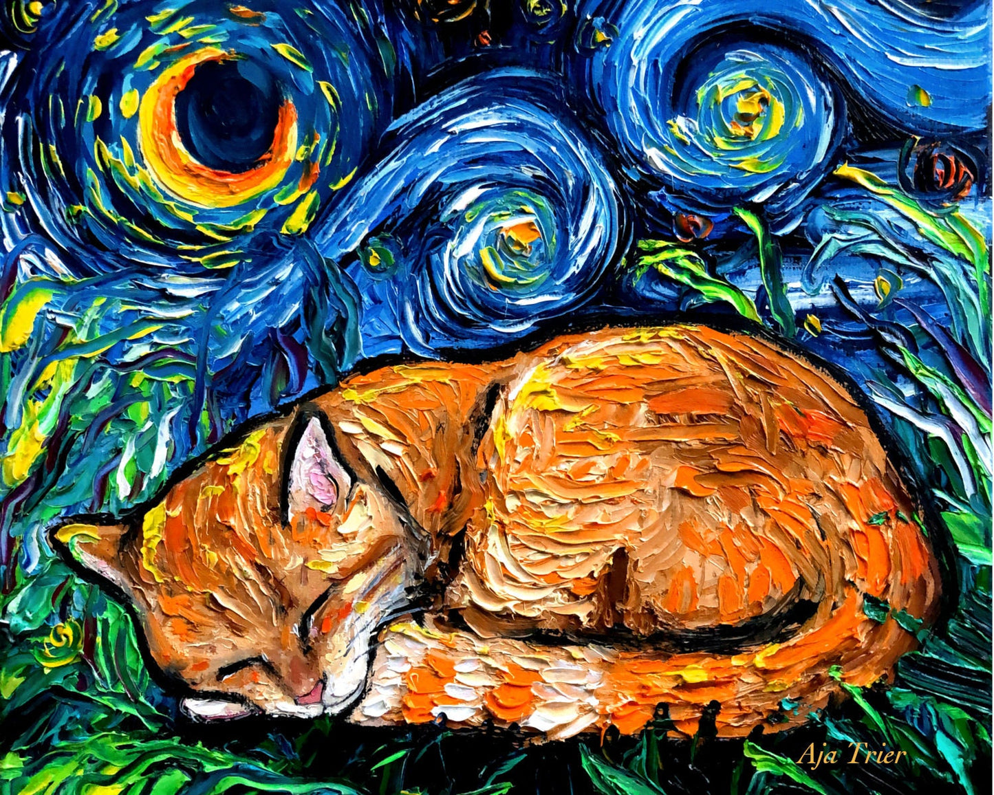 Cat Starry Night Painting Print Orange Tabby Cat Lover Gift Starry Cat Print Gallery Wall Art Impressionist Cat Home Decor Pet Art by Aja