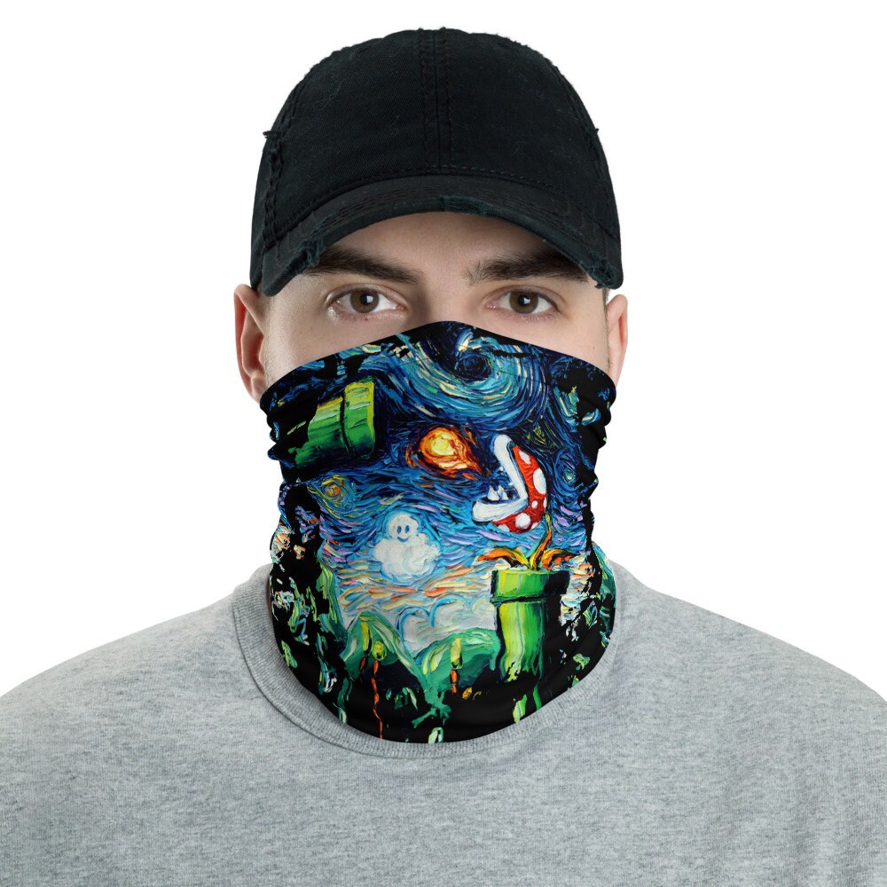 Starry Night Piranha Plant Fireball Retro Video Game Face Mask Gamer Gaming Face Shield Washable Reusable Neck Gaiter Art by Aja