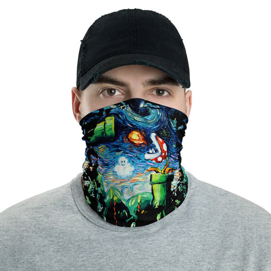 Starry Night Piranha Plant Fireball Retro Video Game Face Mask Gamer Gaming Face Shield Washable Reusable Neck Gaiter Art by Aja
