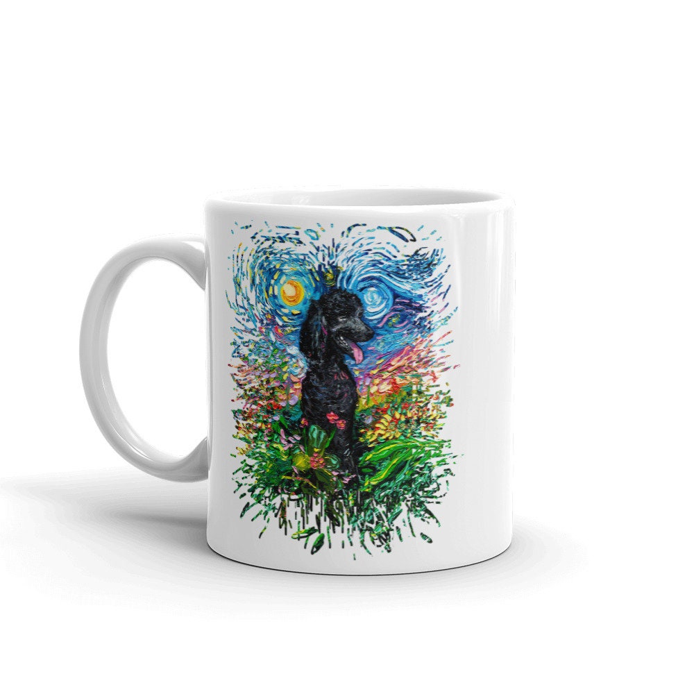 Black Standard Poodle and Flowers Starry Night Coffee Mug Dog Lover Art by Aja ceramic cup