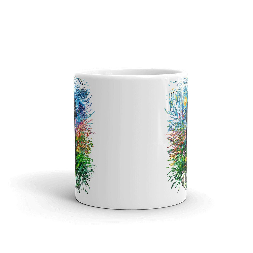 Black Standard Poodle and Flowers Starry Night Coffee Mug Dog Lover Art by Aja ceramic cup