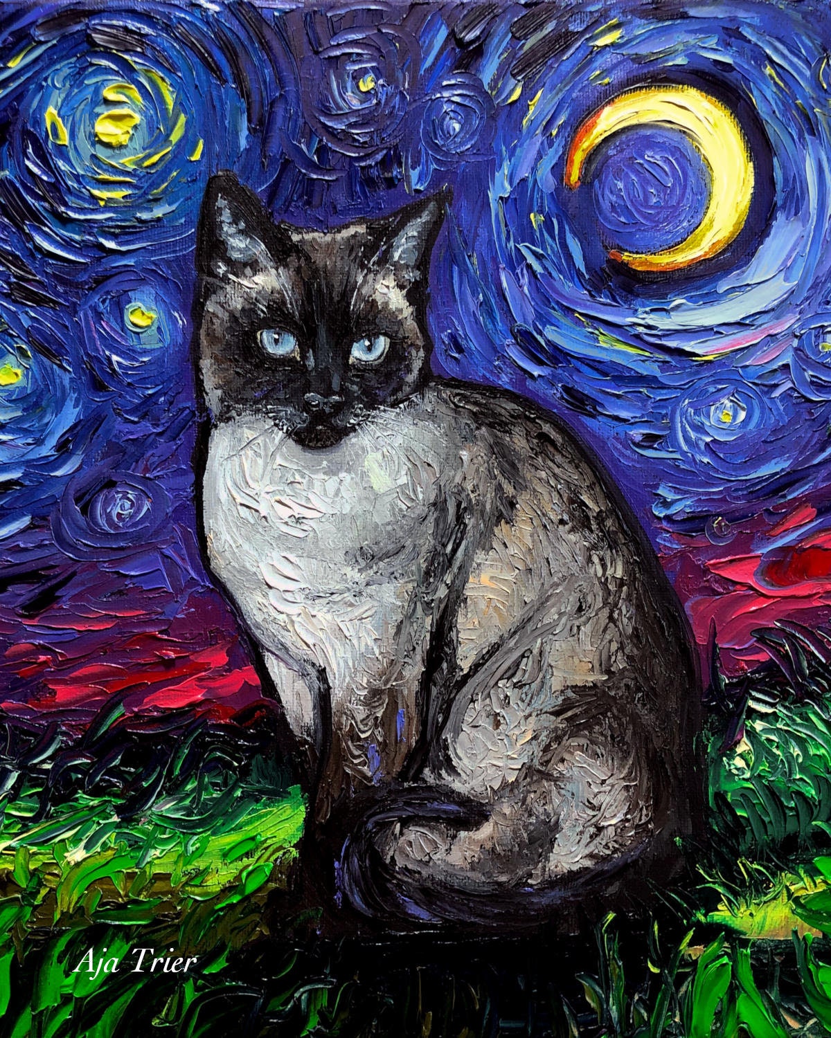 Cat Starry Night Painting Canvas Print Siamese Cat Lover Gift Starry Cat Print Gallery Wall Art Impressionist Cat Mom Feline Home Decor