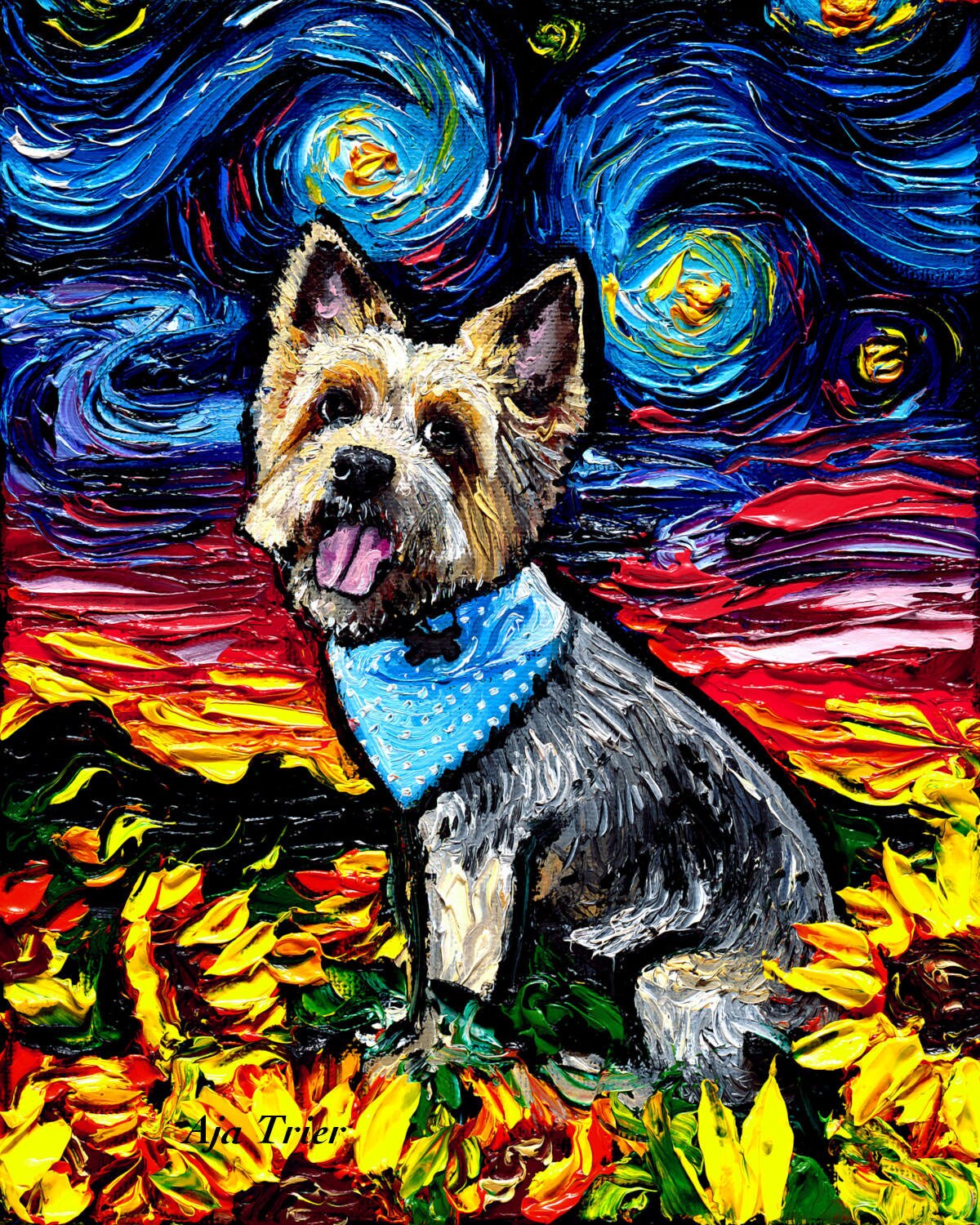Silky Terrier Starry Night Dog with Sunflowers Art CANVAS print Ready to Hang wall decor artwork display by Aja animal pet cute